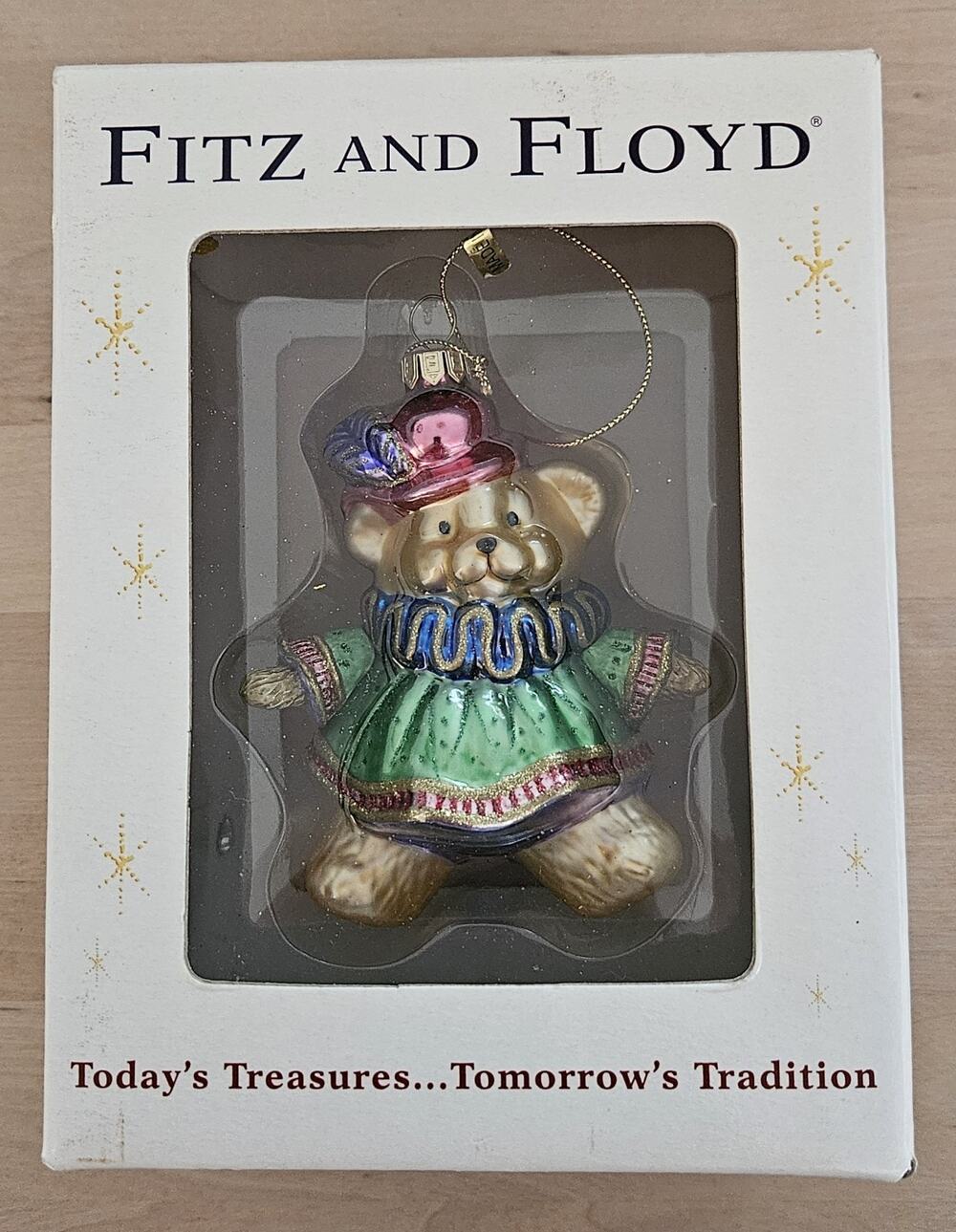 Vintage Fitz & Floyd Christmas Court BOY Teddy Bear Blown Glass Ornament Genuine